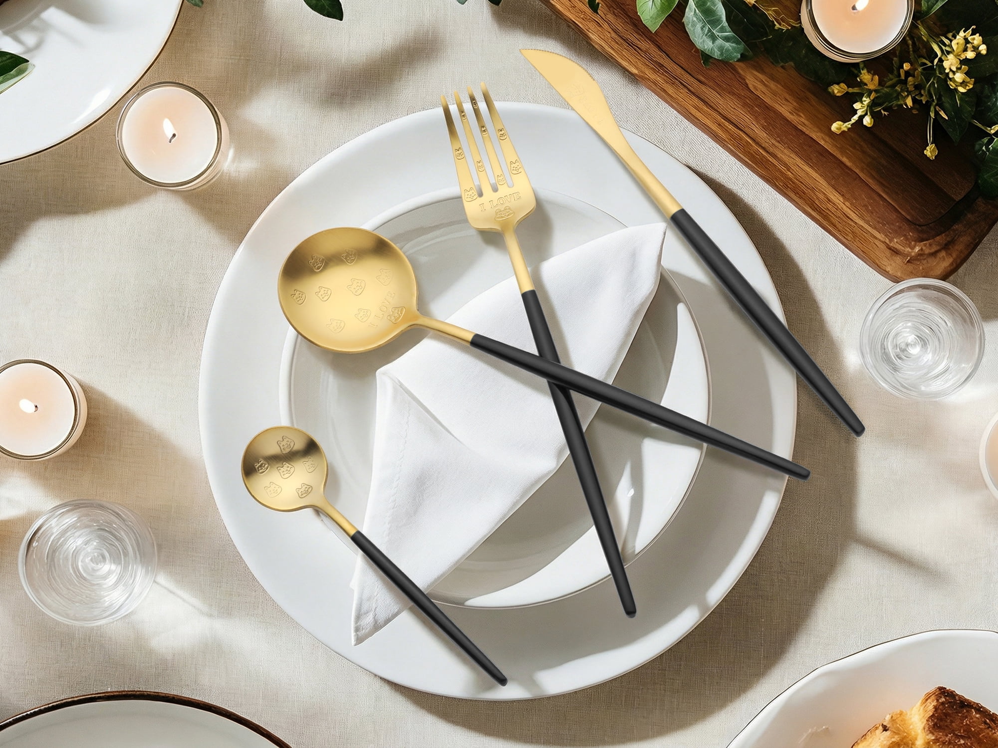 Unique Bargains 4 Piece Stainless Steel Floral Flatware Modern Cutlery Set Black 4