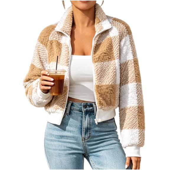 Wenini Women's Plaid Fleece Zip up Jacket Long Sleeve Warm Fall Winter Coat Top