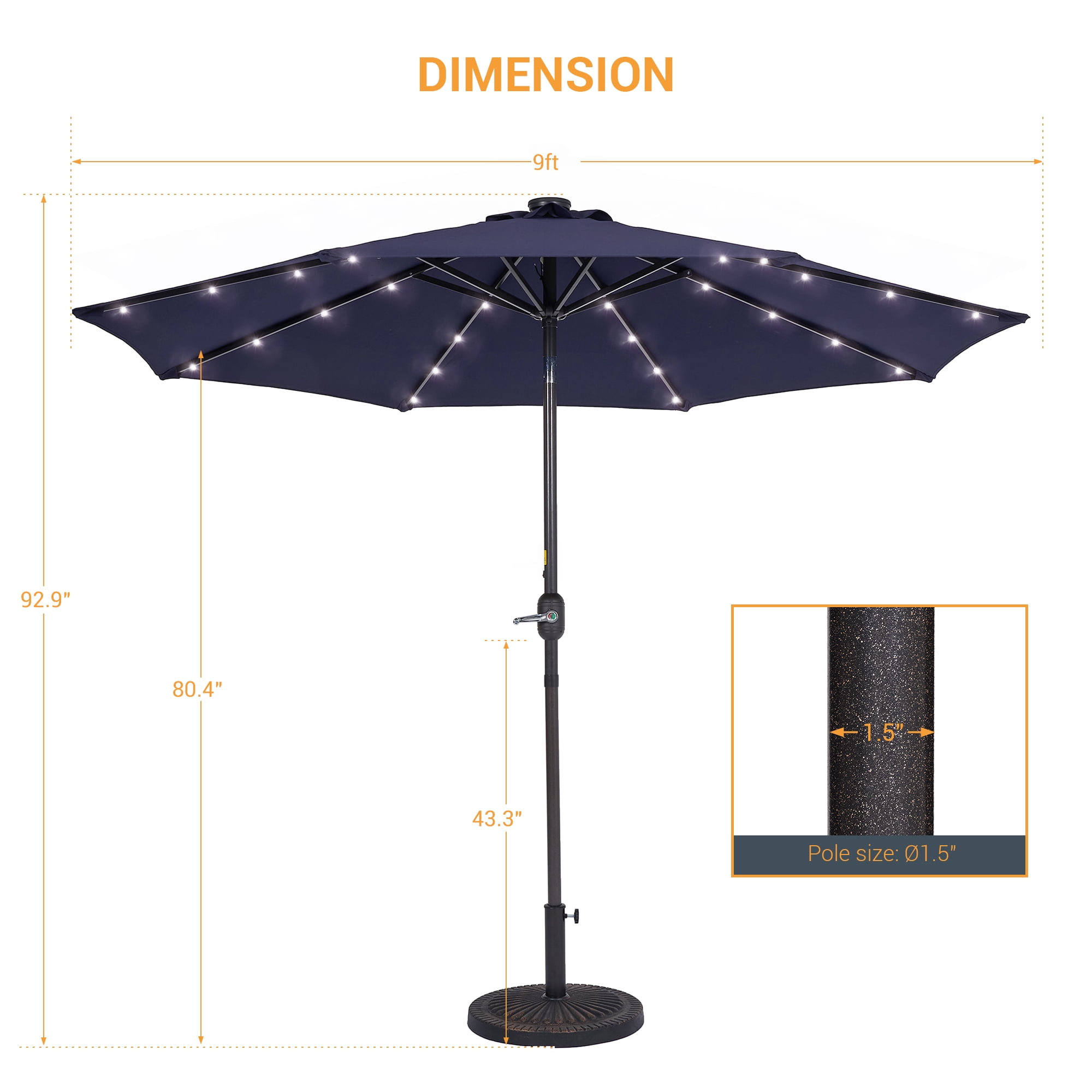 CHYVARY Outdoor LED 9Ft Patio Table Umbrellas with Solar Lights and Tile Button for Garden, Deck and Poolside,Navy Blue