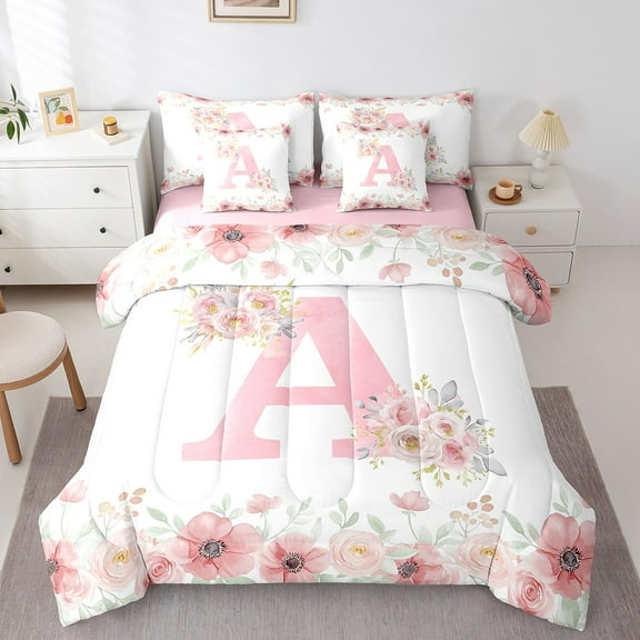 Erosebridal Floral Flower Bedding Sets Twin Size,Initial Letter Comforter Sets with Sheets,Teenager Bedroom Decor,Reversible,Lightweight,7-Piece