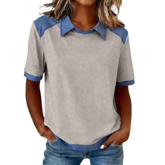 Women's Denim Patchwork Lapel Collar T-Shirt, Short Sleeve Casual Pullover Top, Soft Loose Fit Streetwear Shirt for Daily Wear and Casual Summer Outfits Beige L