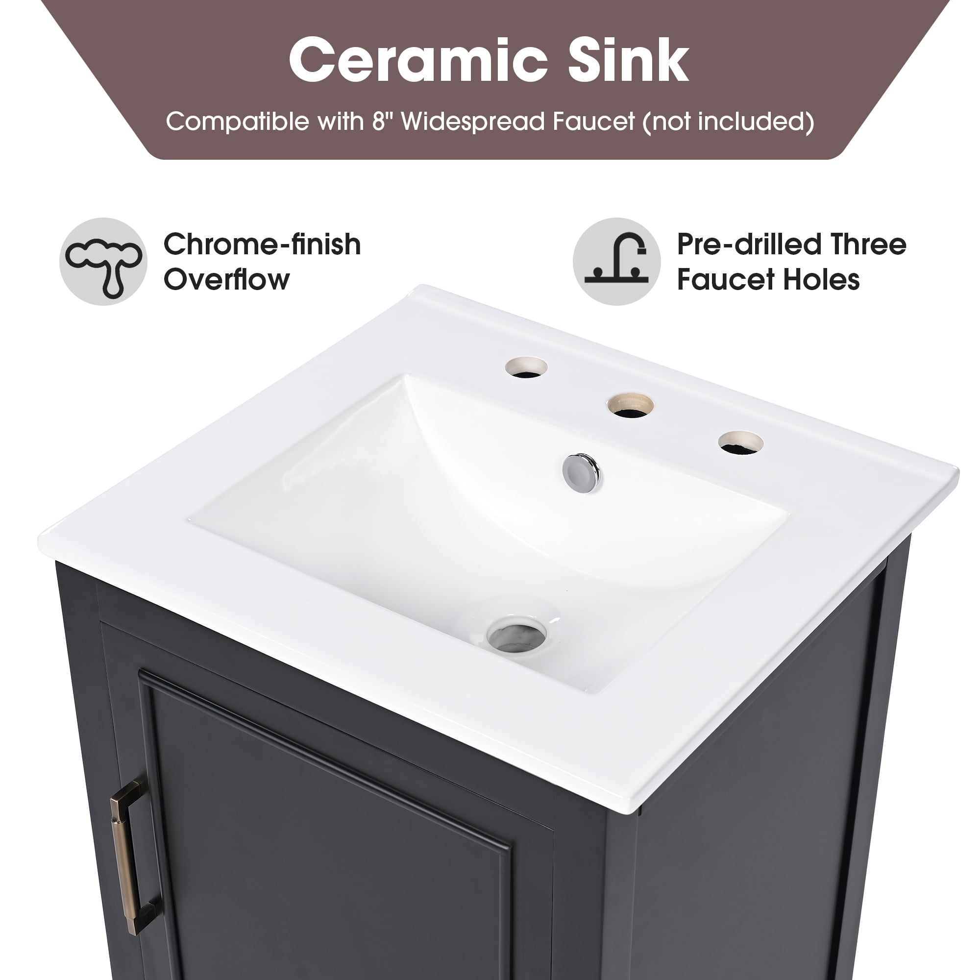 20" Bathroom Vanity with Sink, Black Vanity Cabinet with Storage Drawer & Door, Semi-Lune Ceramic Basin, Adjustable Feet for Small Bathroom
