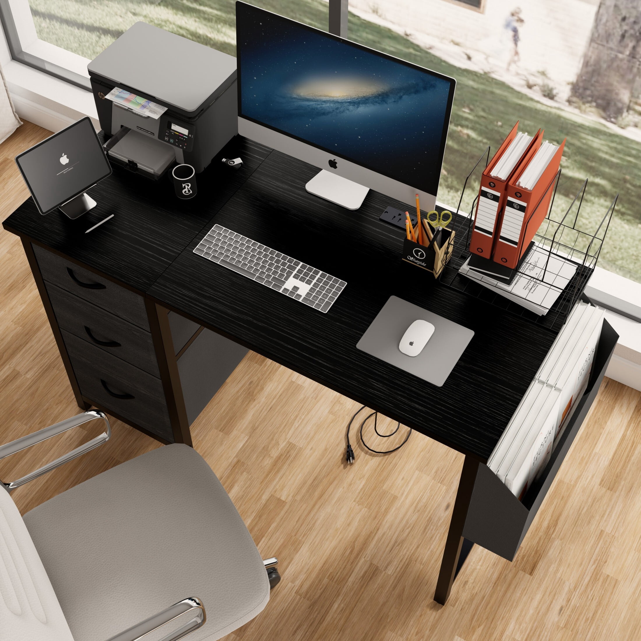 DEALTOPS Computer Desk with Power Outlets, Office desk with Reversible Fabric Drawers and Side Pocket, Black