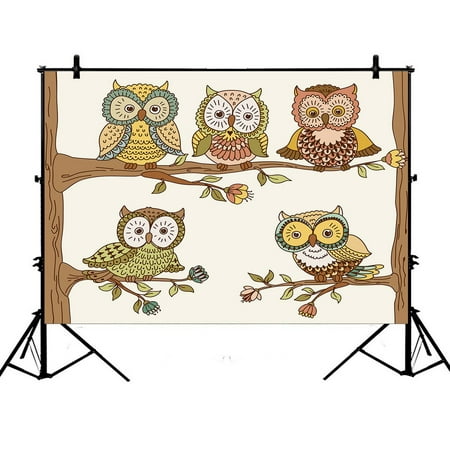 Image of PHFZK 7x5ft Owls Backdrops Cute Owls on Branches Floral Background Photography Backdrops Polyester Photo Background Studio Props