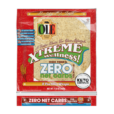 Olé Mexican Foods Xtreme Wellness High Fiber Zero Net Carb Soft Taco Flour Tortilla Wraps, 11.8 oz, 8 Count