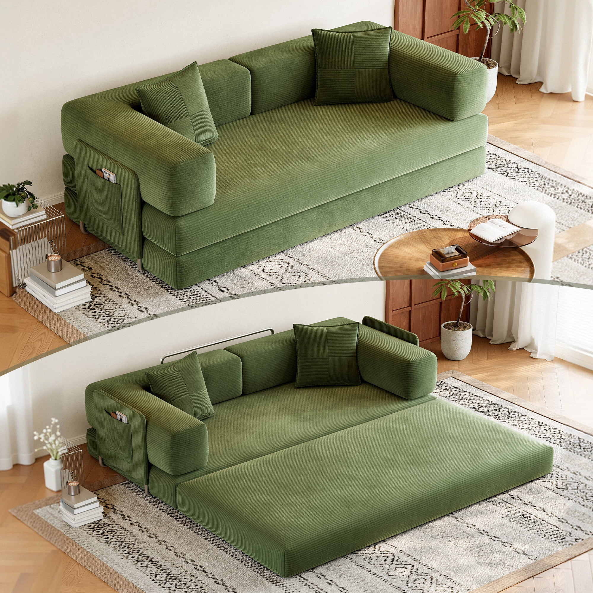 GARITIN Convertible Sleeper Sofa Bed 79 Inch, 5 in 1 Chenille Floor Sofa with High Density Foam and Side Pockets for Living Room, Green