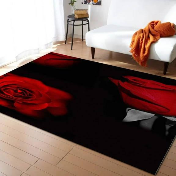 Coral velvet Red Rose Flower Black Carpet Living Room Large Area Rugs Bedroom Carpet Modern Home Living Room Decor Floor Rug
