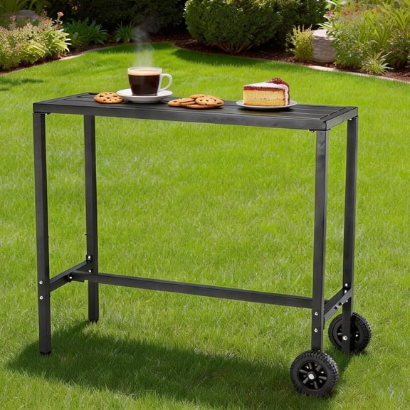 Gaderth  39 Inch Mobile Outdoor Bar Table with Wheels, Tradeshow Podium Table, Waterproof Metal Top, Adjustable Feet, Sturdy Counter Height for Patio, Yard, Balcony, Poolside, Kitchen