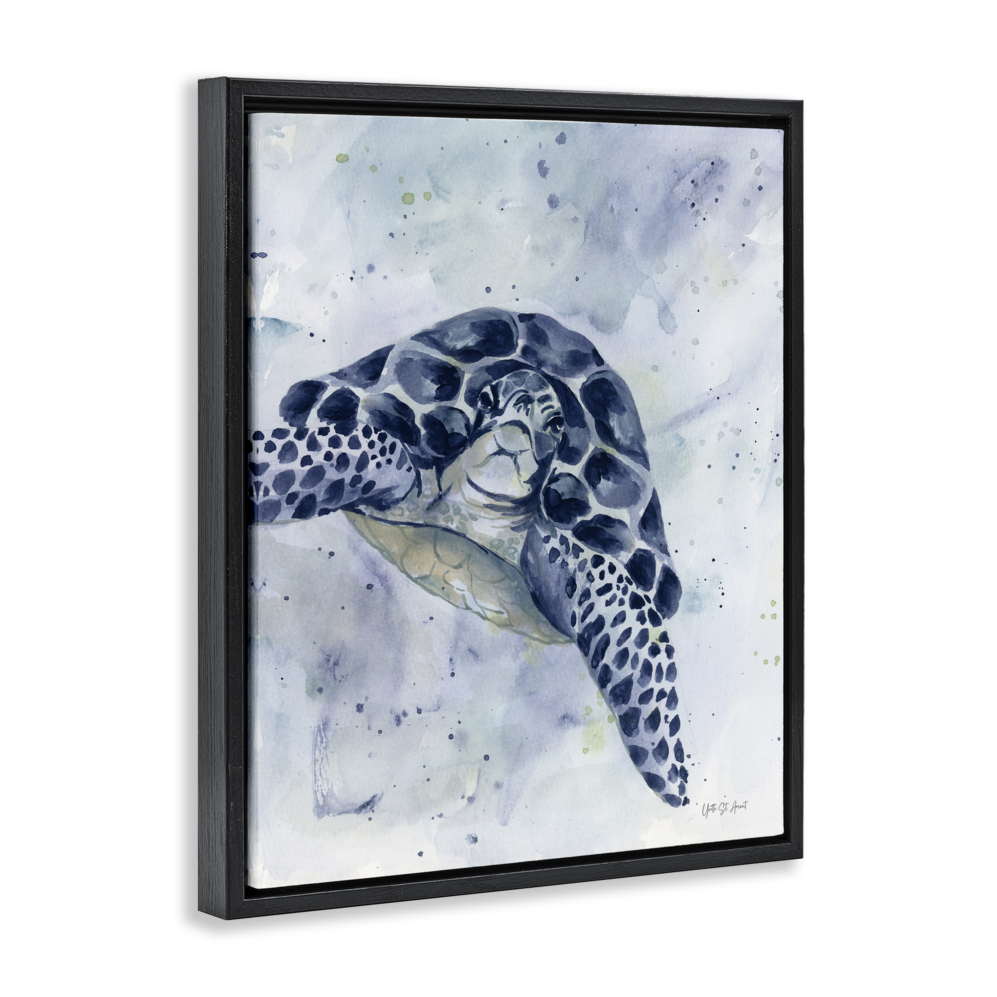 Stupell Industries Swimming Blue Turtle Animals & Insects Painting Black Floater Framed Canvas Art Print Wall Art, 17 x 21