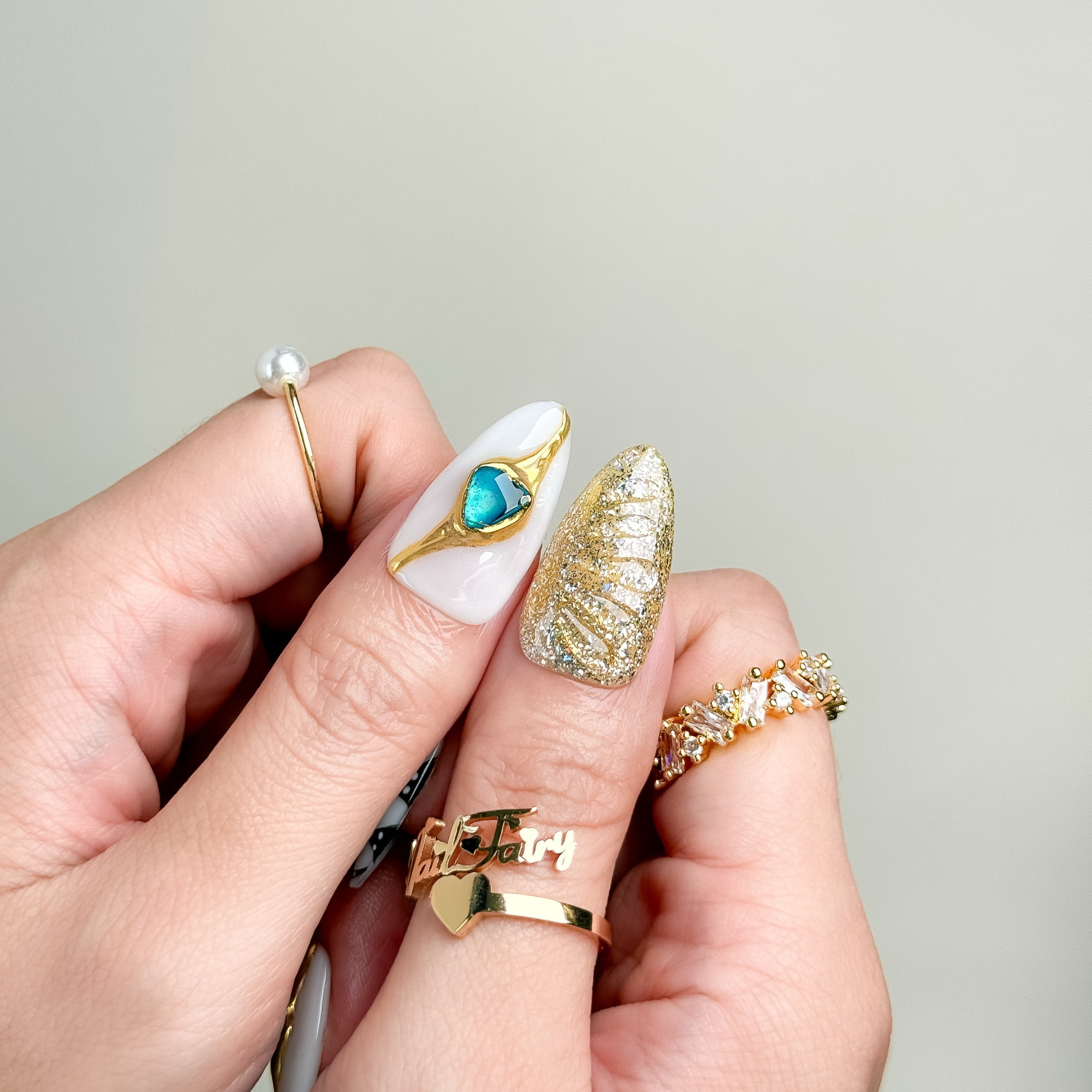 NailFairy Gilded Butterfly Ink Jade Short Almond Press-On Nails – Handmade Artistic Set of 10 with 3D Gem & Glitter Design, Free Tool Kit