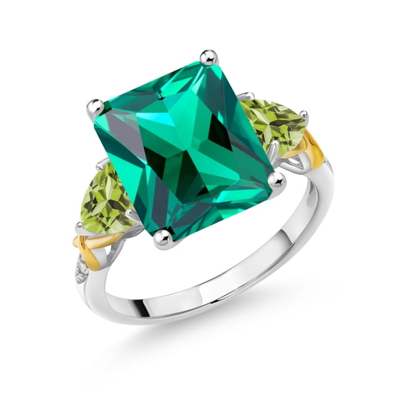 Gem Stone King 925 Silver and 10K Yellow Gold Green Nano Emerald Green Peridot and Diamond 3 Stone Ring for Women (6.46 Cttw, Gemstone May Birthstone, Emerald Cut 12X10MM, Size 5)