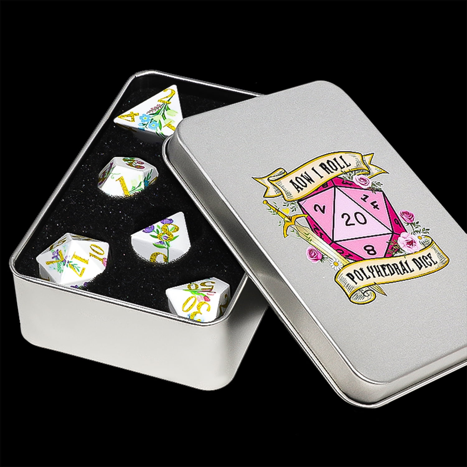 SWAJUJA DND Dice Set, 7 Piece Sharp Edge Polyhedral Dice with Metal Box, Floral Theme Design for Dungeons and Dragons