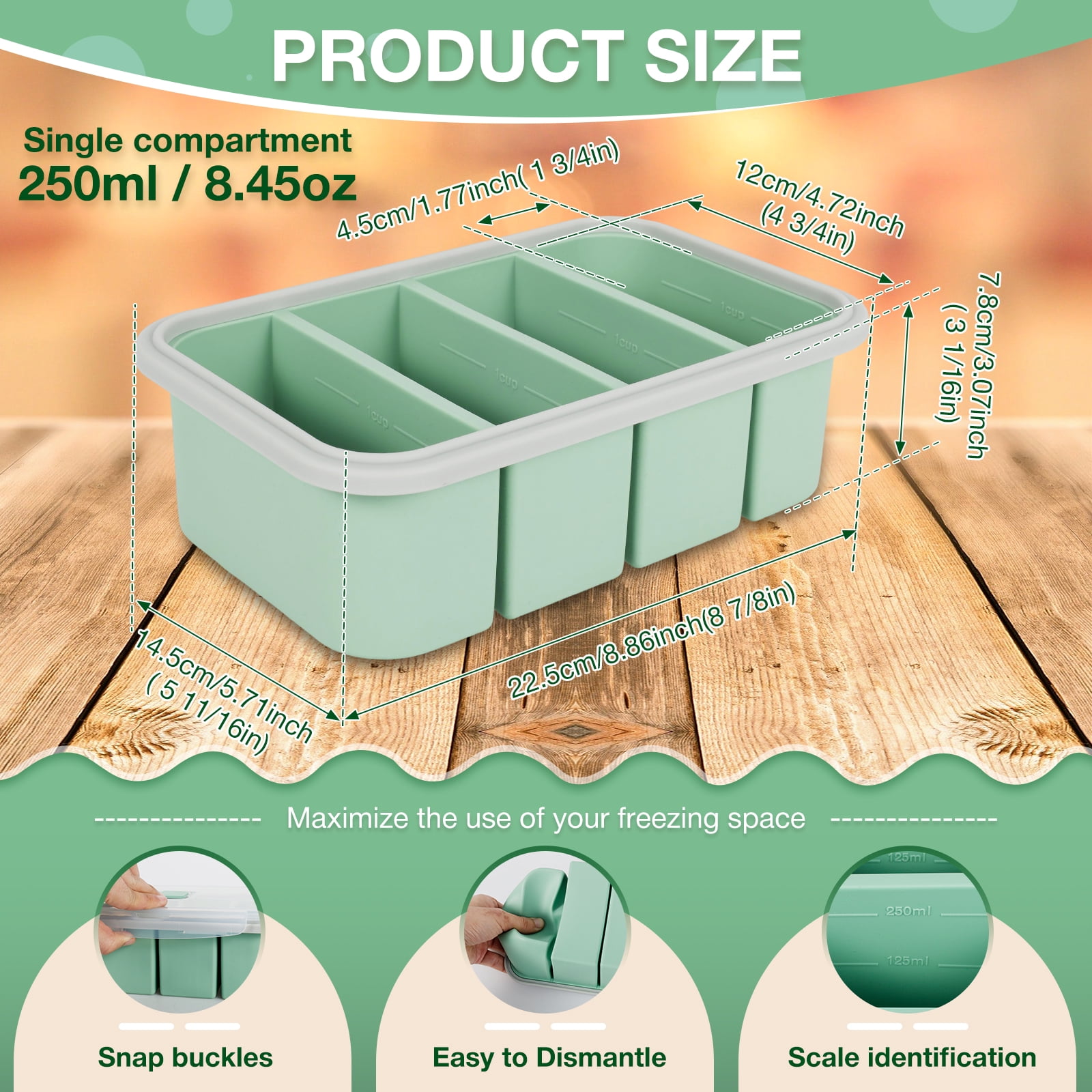 Xiyztok 2PCS Silicone Freezer Molds with Lids, 1 Cup Soup Freezer Container Ice Cube Tray, Green