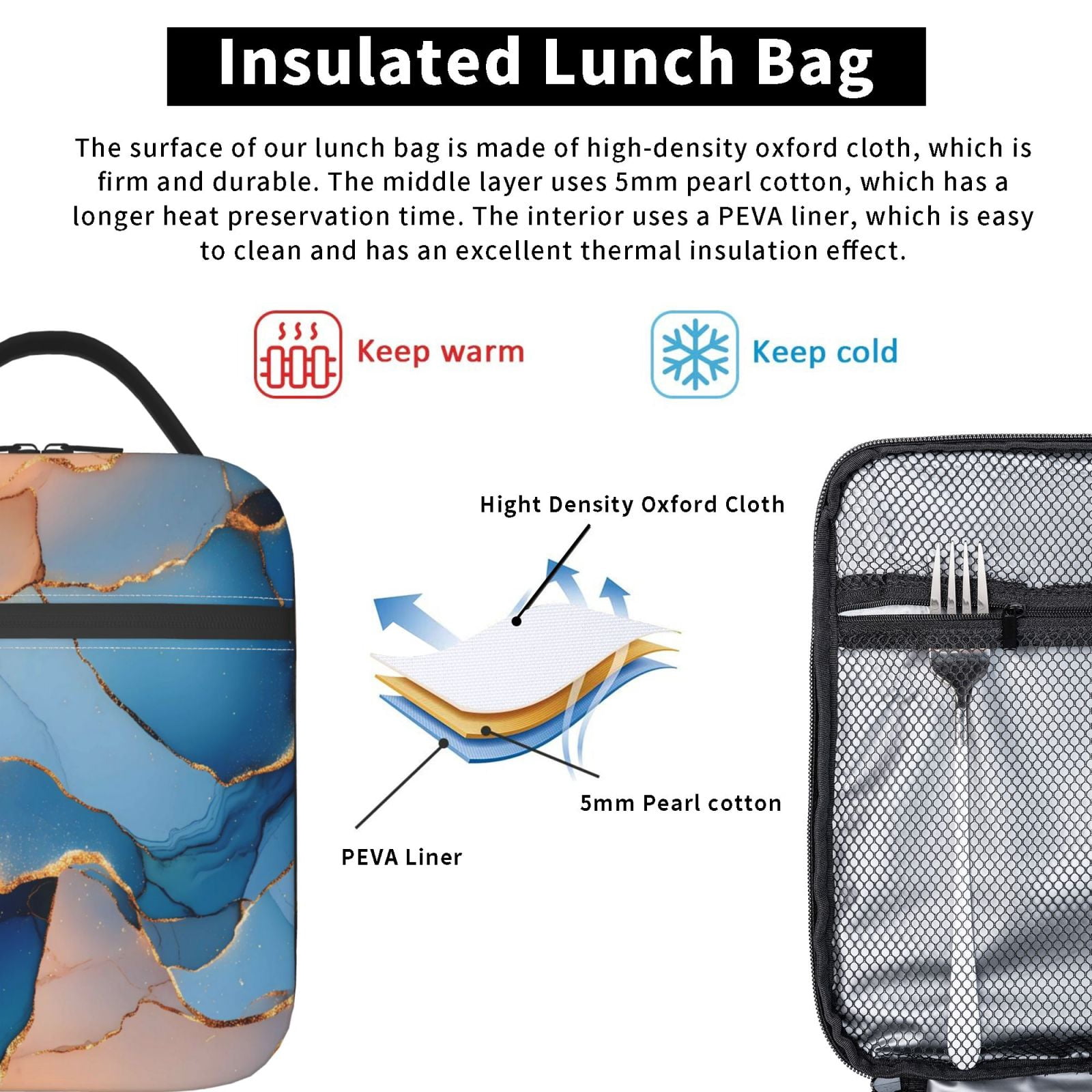 Lunch Bag For Women Men Insulated Portable Lunch Box Bento Box Office Picnic Travel Cooler Bag Blue And Beige Gold Marble