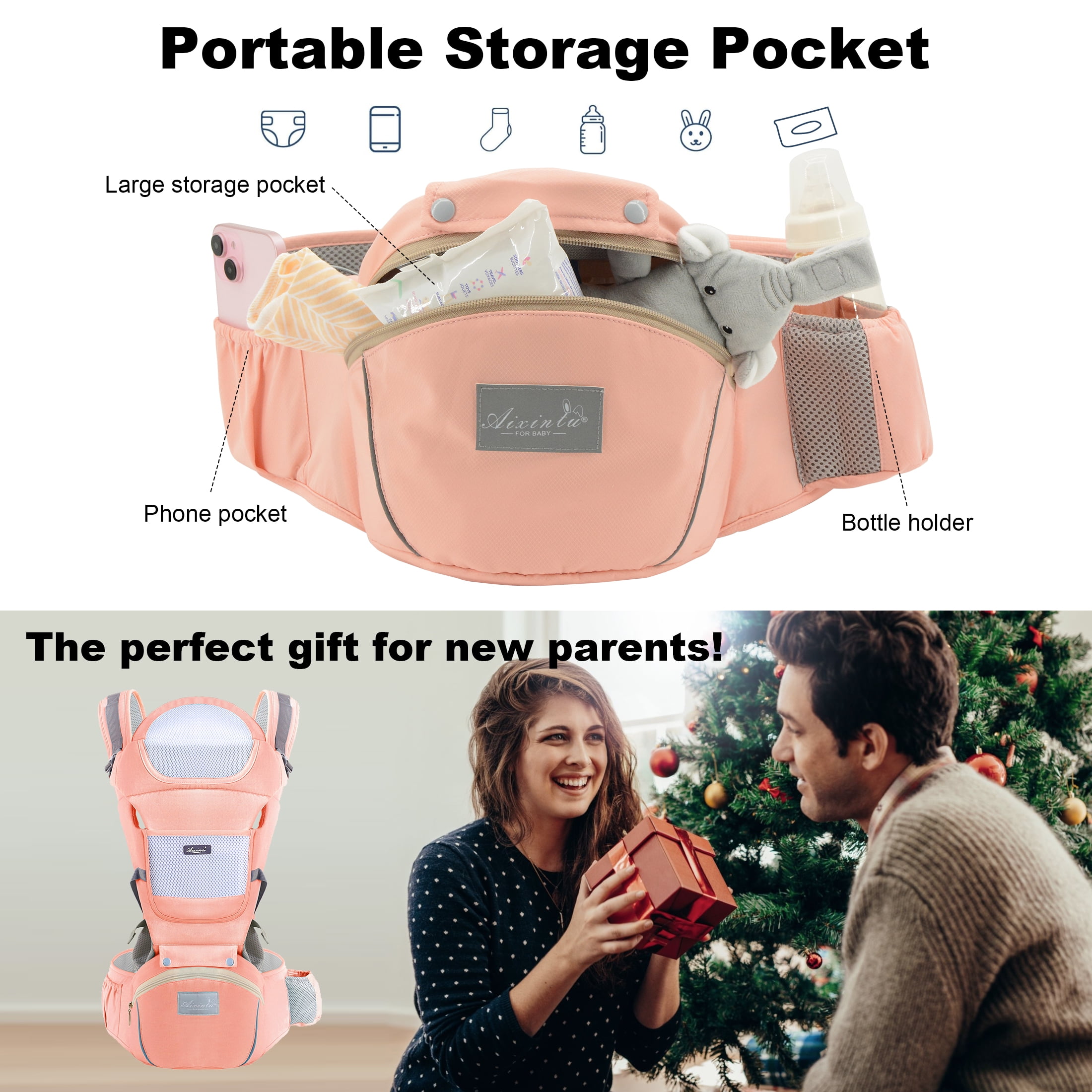 Baby Carrier, Derstuewe Baby Wrap Carrier for Infants with Hip Seat , Adjustable Baby Holder for Dad &Mom-Soft Pink