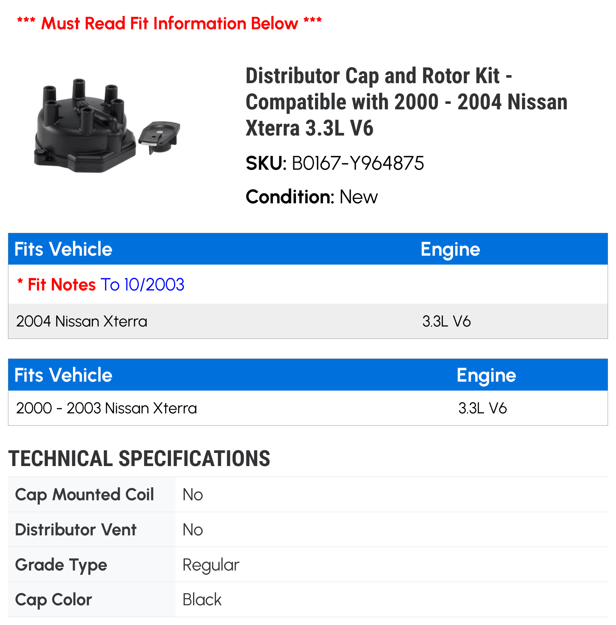 Distributor Cap and Rotor Kit - Compatible with 2000 - 2004 Nissan Xterra 3.3L V6 2001 2002 2003