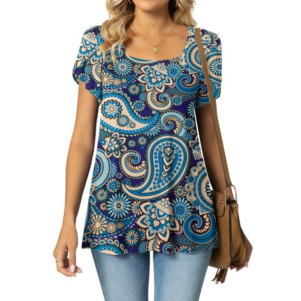 Fiudx Ofertas Flash Del Día Moda Mujer Verano Casual Tops Cuello Alto Estampado Manga Corta -