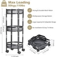 thumbnail image 3 of 3-Tier Foldable Rolling Cart, Collapsible Metal Utility Cart with Wheels, Assembly-Free, Round Storage Organizer Trolley for Kitchen, Bathroom, Dorm, Nursery, Black, 3 of 7