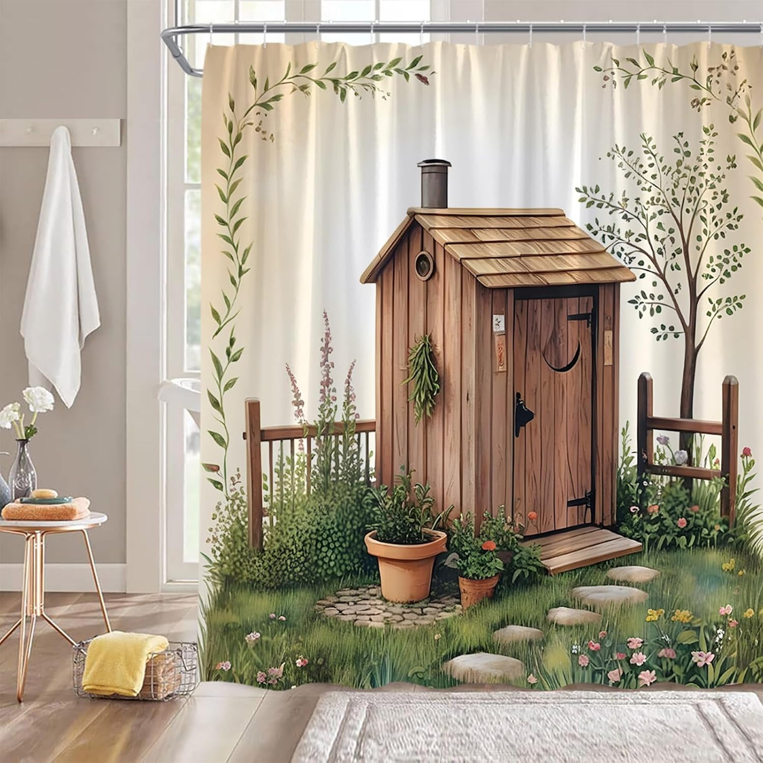 Outhouse Shower Curtain Vintage Primitive Country Backhouse Rustic Farmhouse Grass Garden Yard Fabric Bathroom Decor Sets with Hooks-72"W x 72"L (Pack of 1)