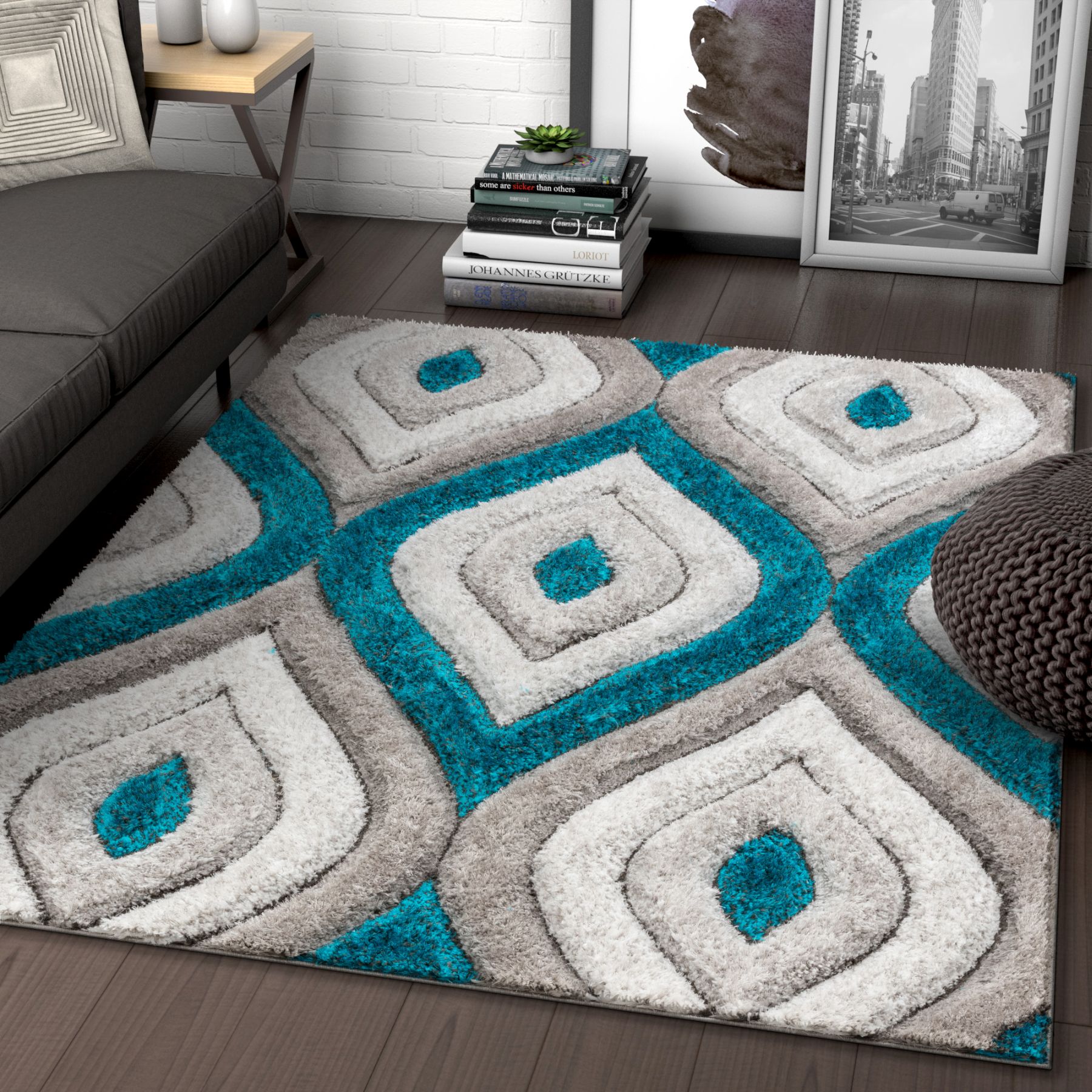 Well Woven San Francisco Modern Shag Trellis Area Rug, Blue