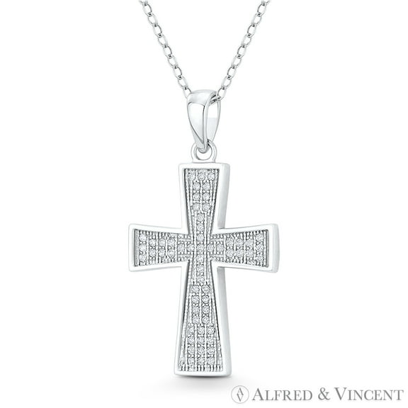 Pattée / Formée Cross Cubic Zirconia CZ Crystal Pave 32x18mm (1.3x0.7in) Christian Pendant in .925 Sterling Silver w/ Rhodium