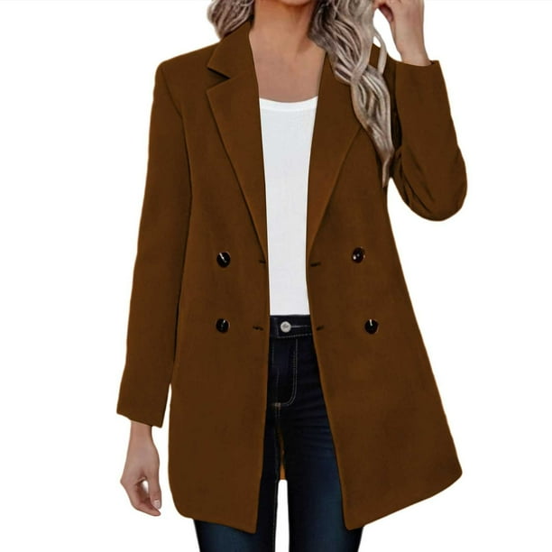 Womens Mid-Long Coat Notched Lapel Collar Double Breasted Pea Coat