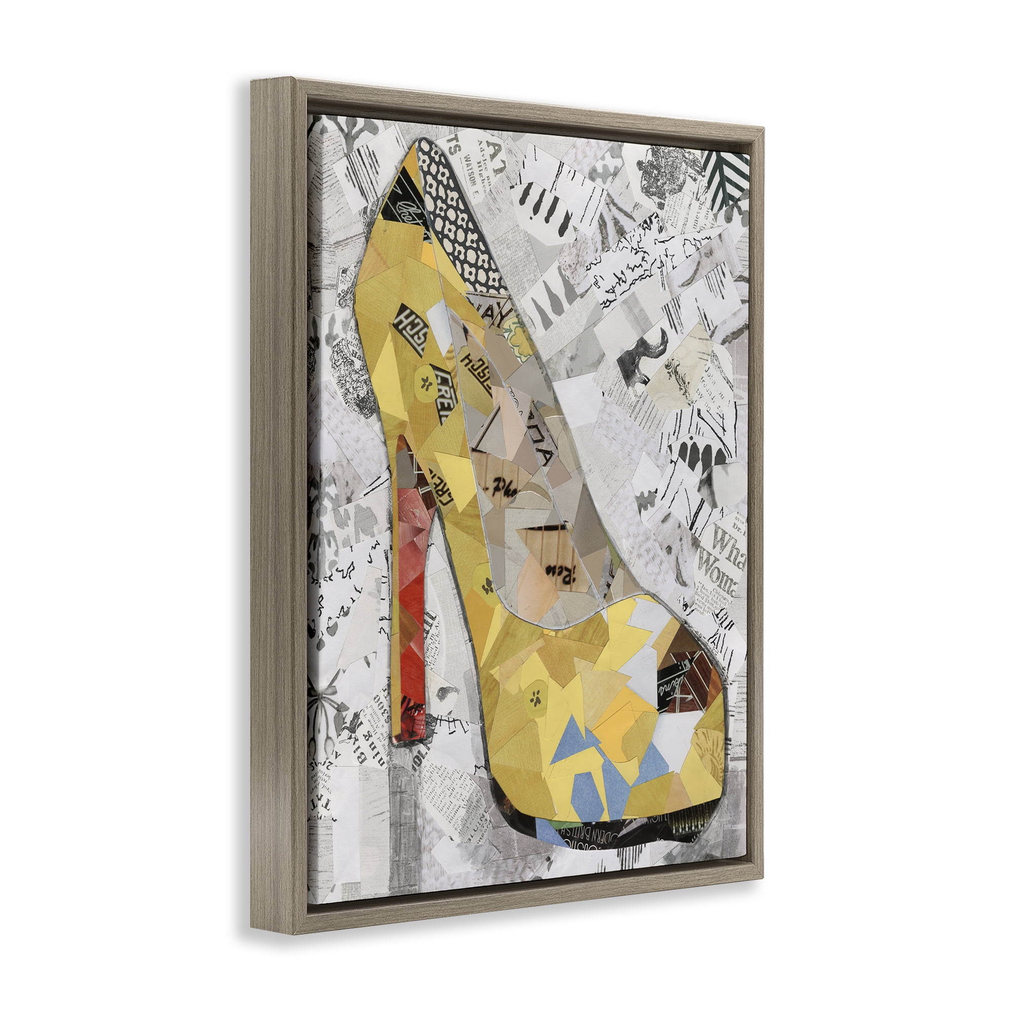 Stupell Industries Collaged Yellow Heel Fashion Painting Brown Floater Framed Canvas Art Print Wall Art, 17 x 21