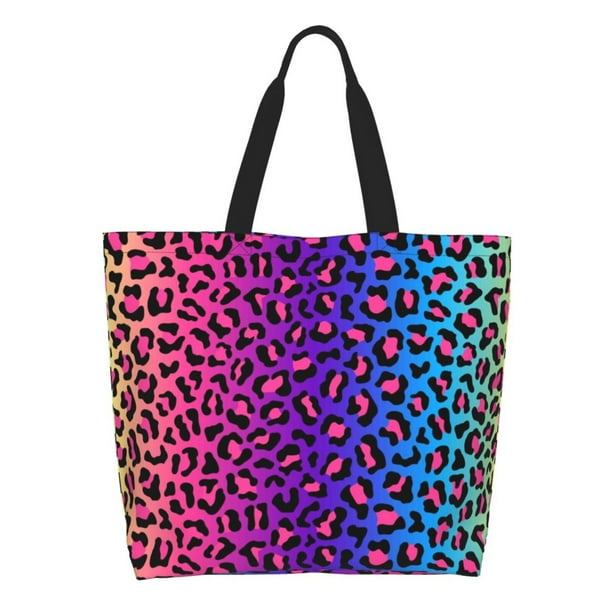 Balery Leopard Neon Rainbow Gradient Bolsa Tote Estilo Estético con Cremalleras, Bolsa de Hombro, Bolsa de Compras Grande y Plegable