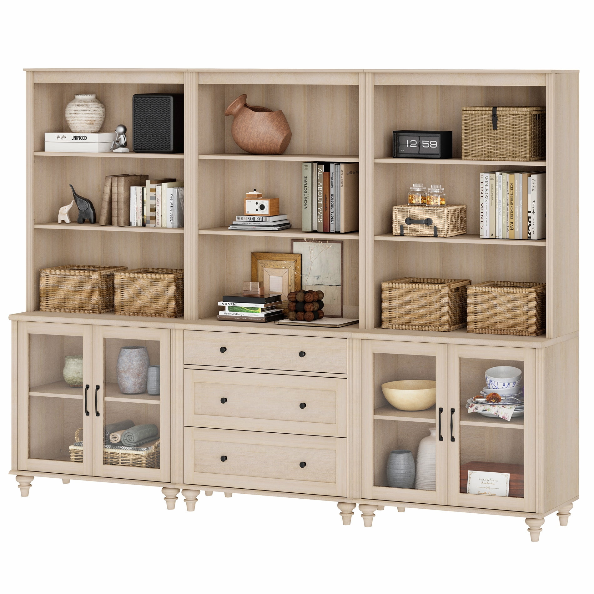 Farmhouse 5 Tier Bookcase With 4 Glass Doors and 3 Drawers, Beige, 101.6" W