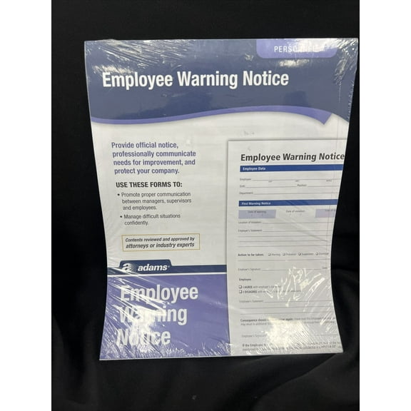 Adams Employee Warning Notice Pads 50 forms, Brand New Sealed HR114