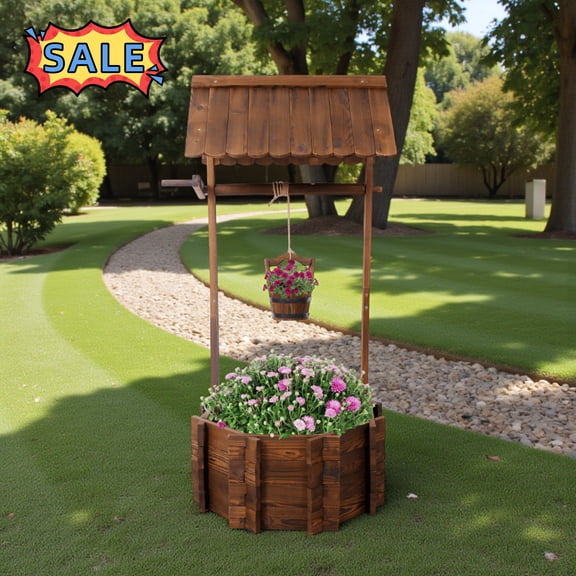 Tcbosik Wooden Wishing Well Planter, Rustic Flower Pot Stand, Outdoor Planter Box with Hanging Bucket for Yard, Lawn, Garden, Patio, Brown