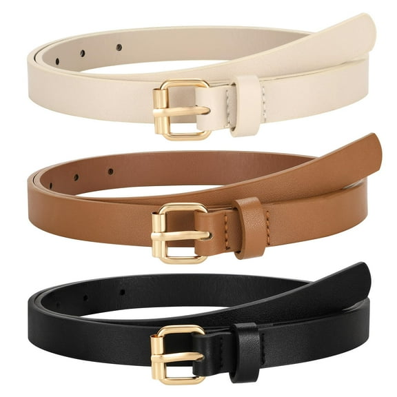 SUODEY Gold Buckle Women Belts Skinny Ladies Leather Belt for Dress Jeans Set of 3