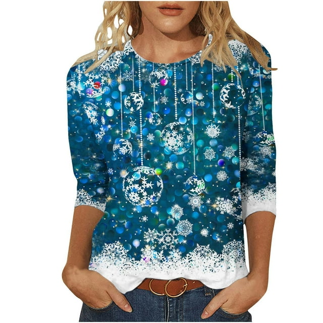 Pisexur Chandails en Molleton de Noël pour Femmes Manches 3/4 Chemises pour Femmes Chandails en Molleton Graphiques Amusants Col Rond Décontractés Vacances Chandails à Capuchon Confort Mode Automne Chandail Tops