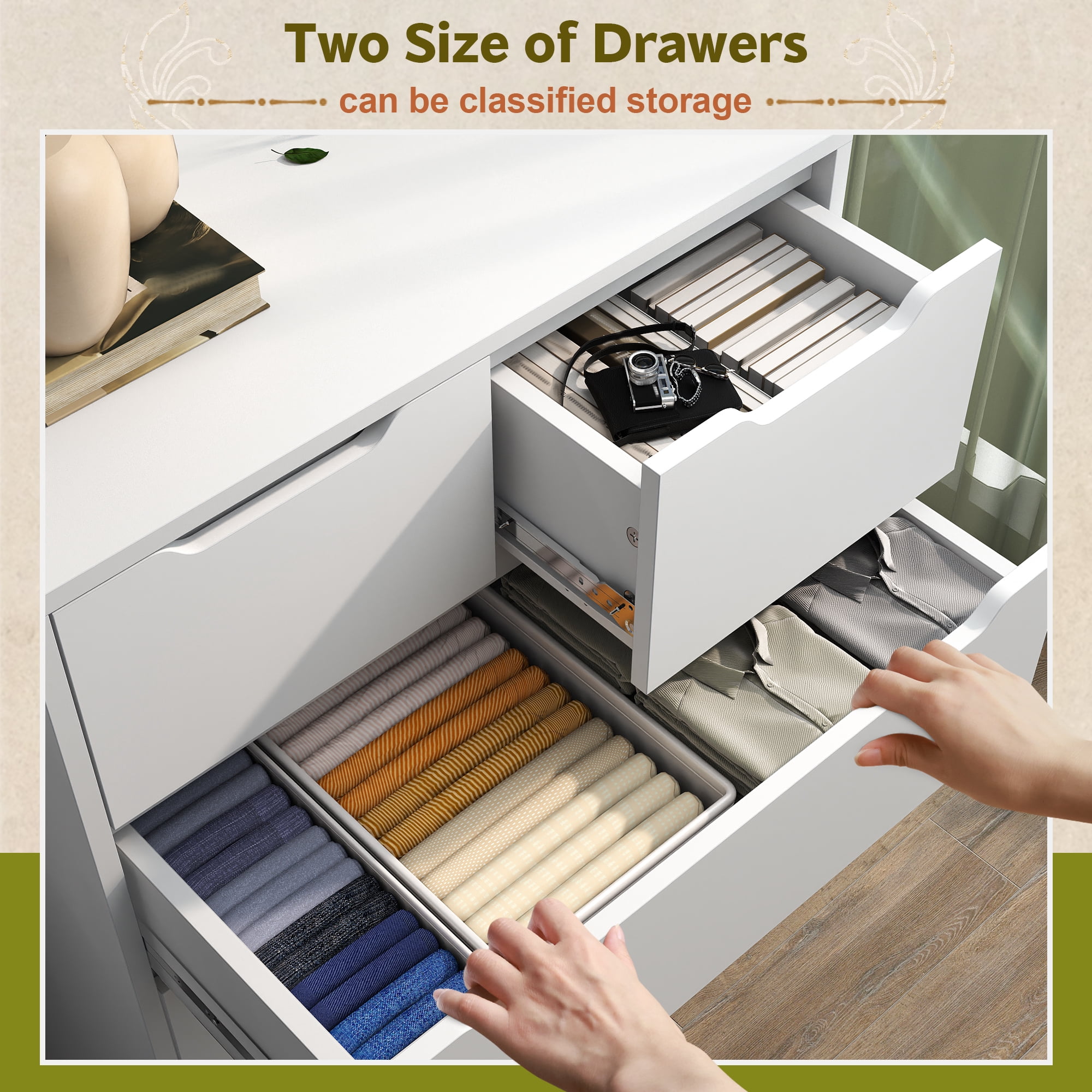 6 Drawer Dresser for Bedroom,Tall Dresser With Deep Drawers,White Wood Chest of Drawers for Bedroom,Hallway,Living Room,Smooth Metal Rail,Modern,43.2"H X 27.6"W X15.6"D