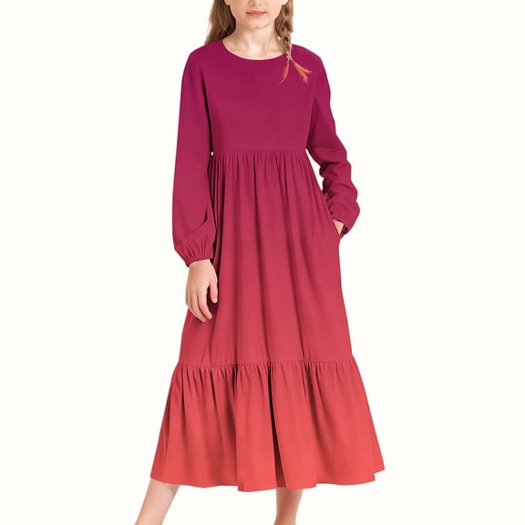 Amidoa Girl A-line Dress Crewneck Short Sleeve Sundress with Pockets Casual Summer Dress Red,12-13Years