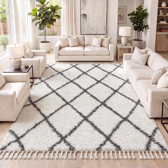JONATHAN Y MERCER SHAG 5 x 8 Area Rug, Mercer Plush Tassel Moroccan Geometric Trellis - Cream/Gray, MCR104B-5