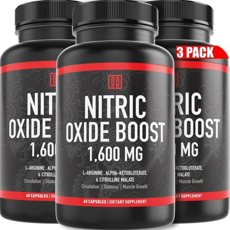 Nitric Oxide Booster Supplement, 1600mg Extra Strength L-Arginine, Citrulline Malate, and Alpha-Ketoglutarate for Muscle Growth, Vascularity & Energy by Double Dragon Organics (3 Pack)