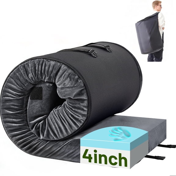 DHOLE 4 Inch Gel Memory Foam Camping Mattress, CertiPUR-US Certified Thick Sleeping Pad, Waterproof & Soft Fleece Top, Portable Roll-Up Mat with Multi-Function Storage Bag & Pillow for Tent Camping