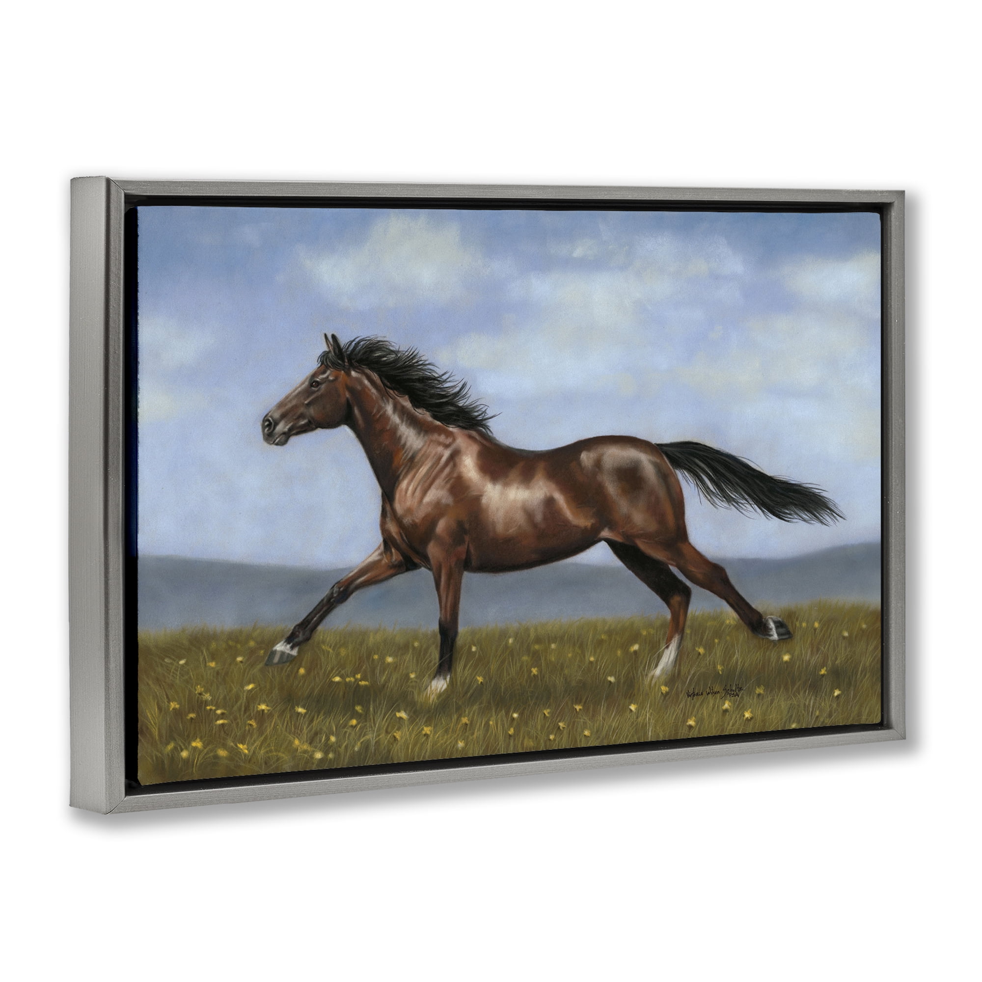 Stupell Industries Brown Running Mare Animals & Insects Painting Gray Floater Framed Canvas Art Print Wall Art, 25 x 17