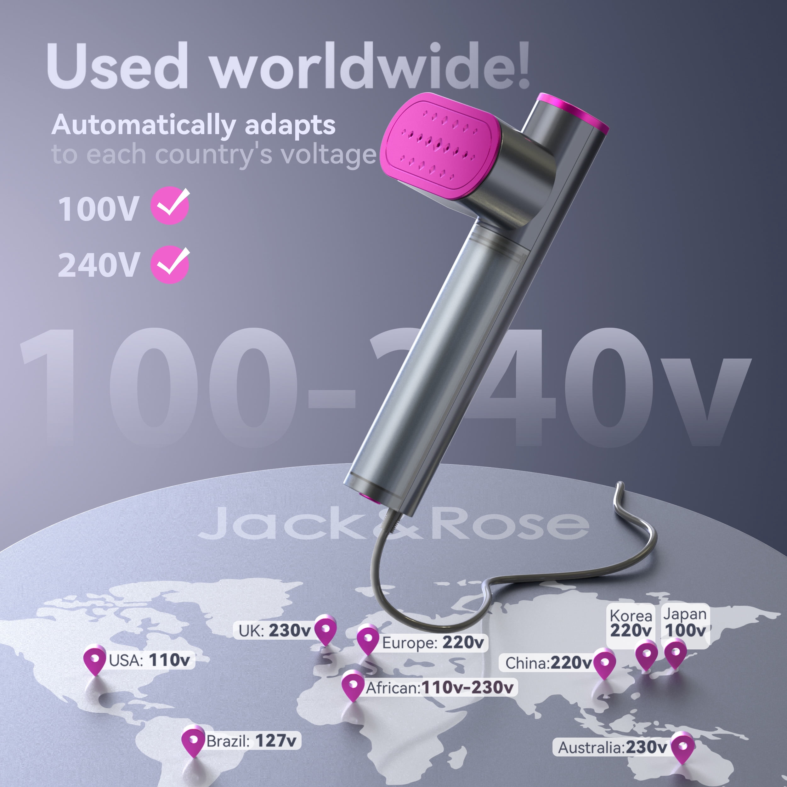 Jack & Rose Travel Steamer for Clothes, 100-240V Portable Steamer,15s Heat Up, Steamer ＆ Iron 2 In 1, Travel Size Garment Steamer, Large Ceramic Heat Panel, for Global & European Traveling, Purple