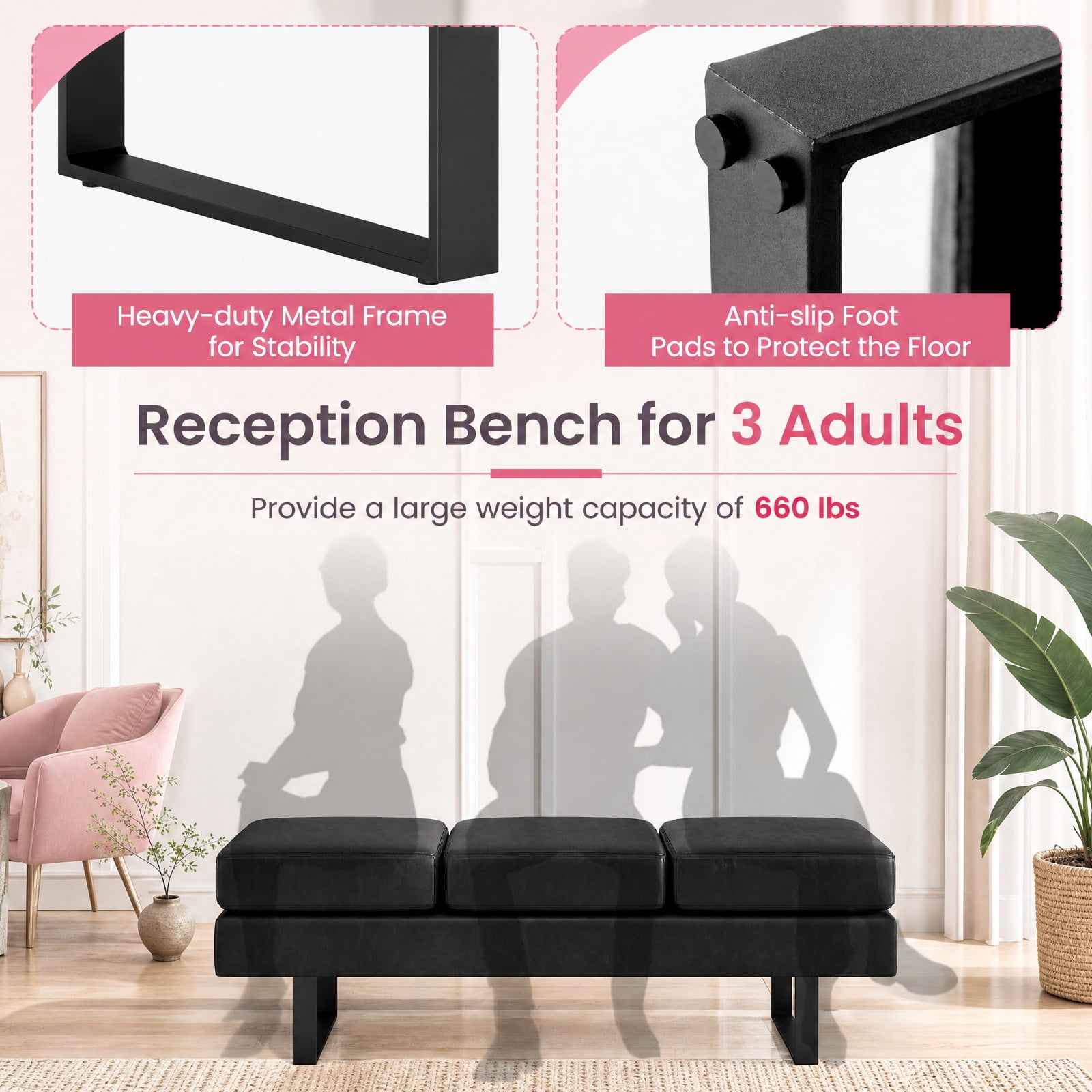 Furnibear 59 Inch Waiting Room Bench with Removable Faux Linen Cushions and Heavy Duty Metal Frame for Reception Office Lobby Long Seating, Black