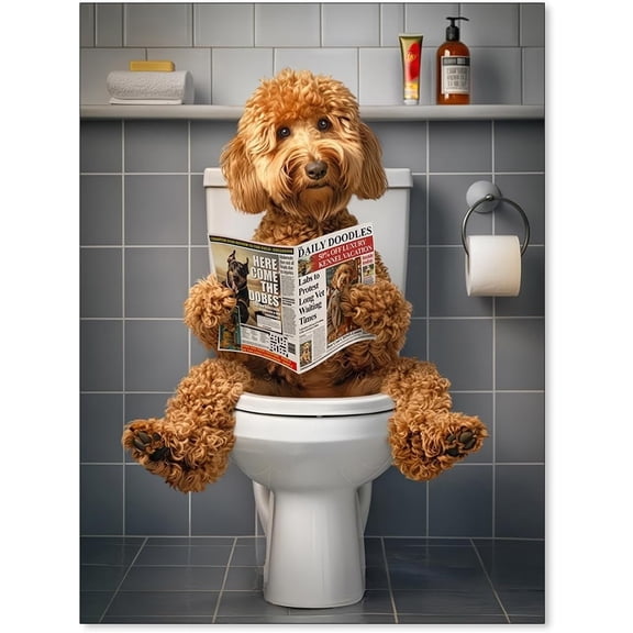 Aaheei Funny Goldendoodle Dog Bathroom Wall Art Trendy Humorous Animal Poster Golden Retriever on the Toilet Canvas Picture Bathroom Wall Decor for Dog Lovers 8 x 10 in