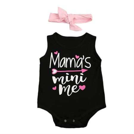 Cotton Mini Romper Mama's Mini me Newborn Infant Baby Girls Cotton Romper Sleeveless Jumpsuit Outfits Summer Sunsuit Clothes + Headband ()