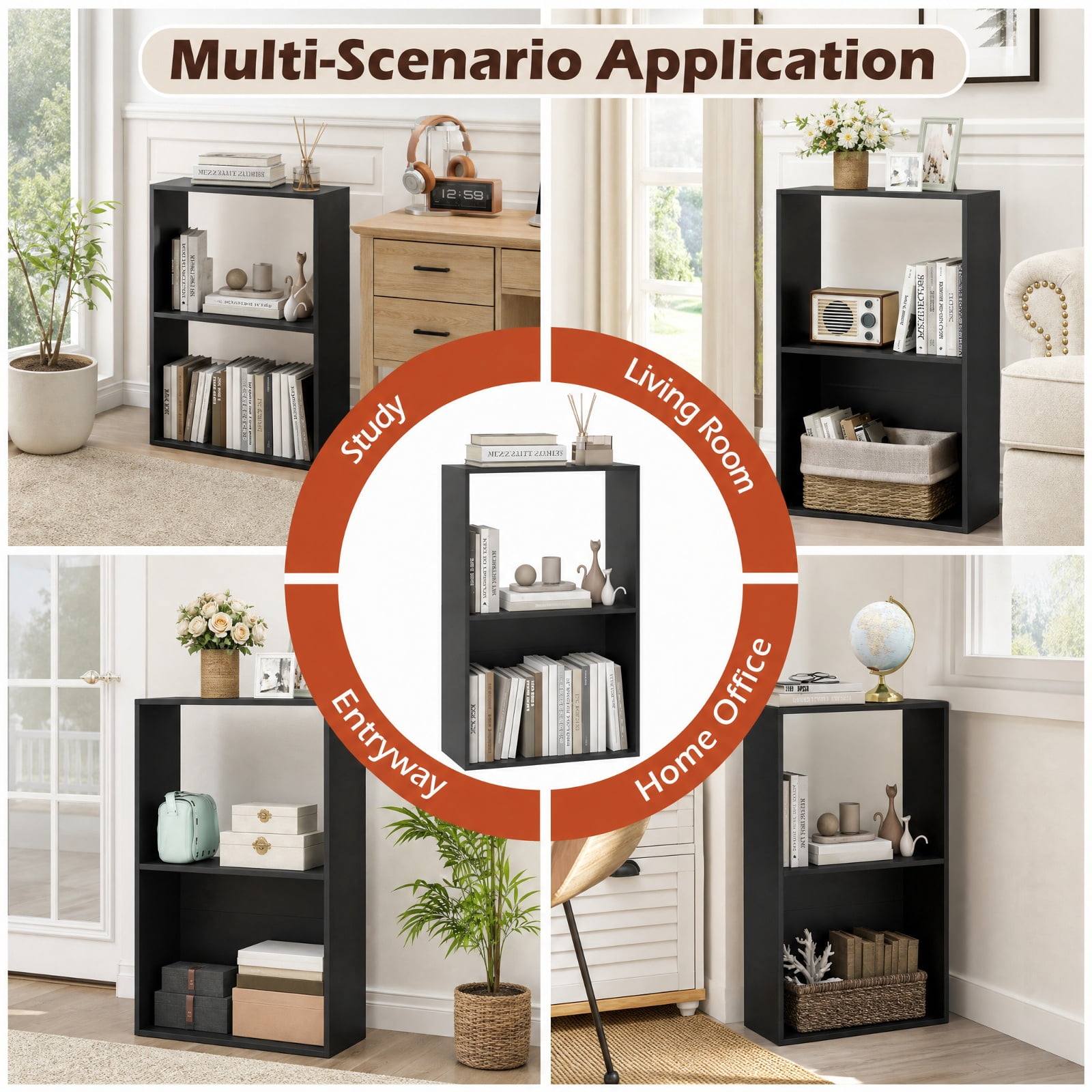Furnibear 3-Tier Freestanding Bookshelf with Open Storage Compartment Countertop and Anti-Toppling Device for Study and Home Office, Black