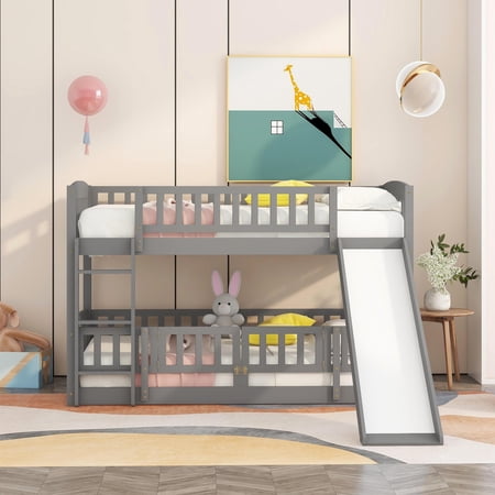 Solid Wood Twin over Twin Bunk Bed with Slide  Fence and Ladder for Toddler Kids Teens
