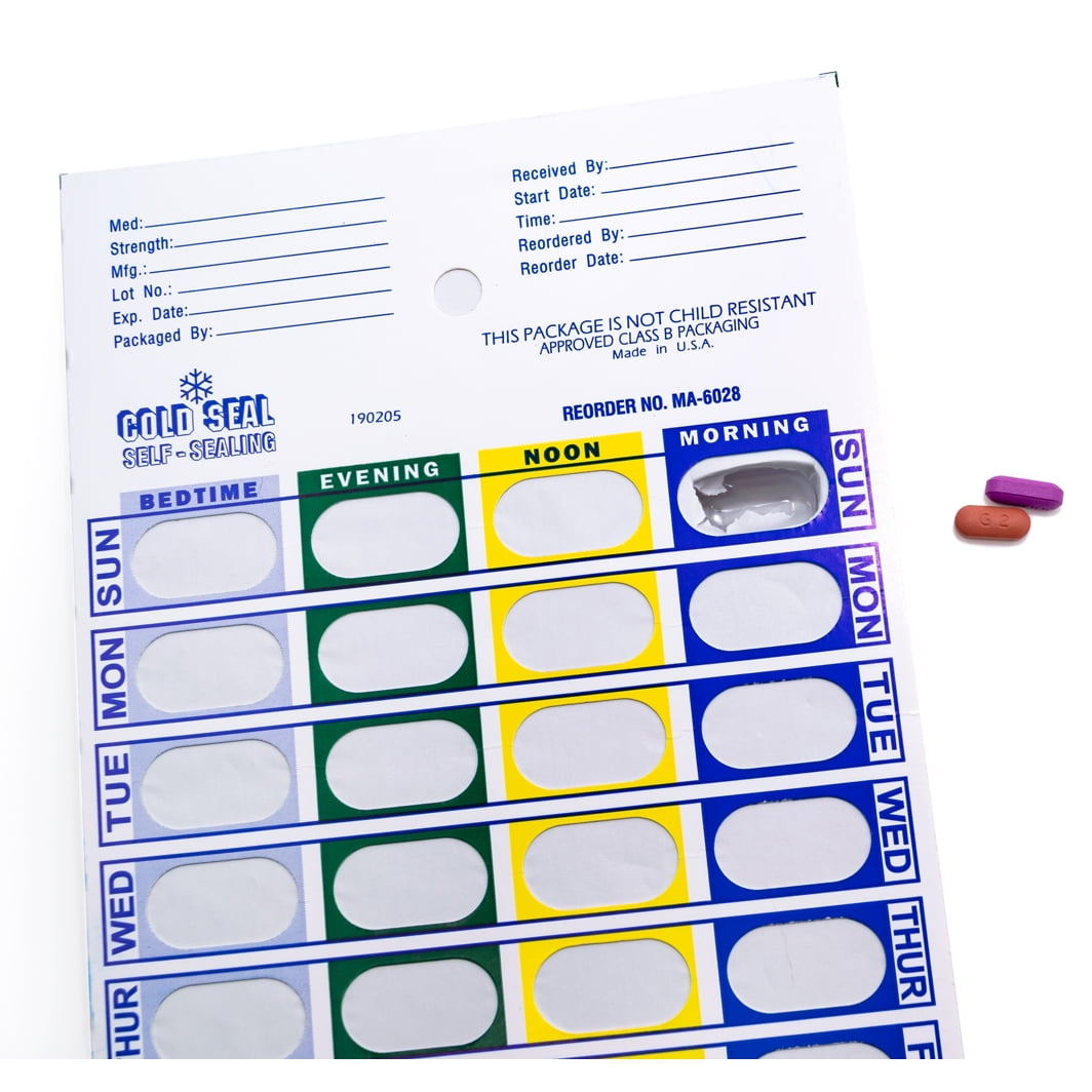 PillThing 4 Time a Day Weekly (7 Day) Cold Seal Pill Blister Pharmacy Foil Pack System Cards