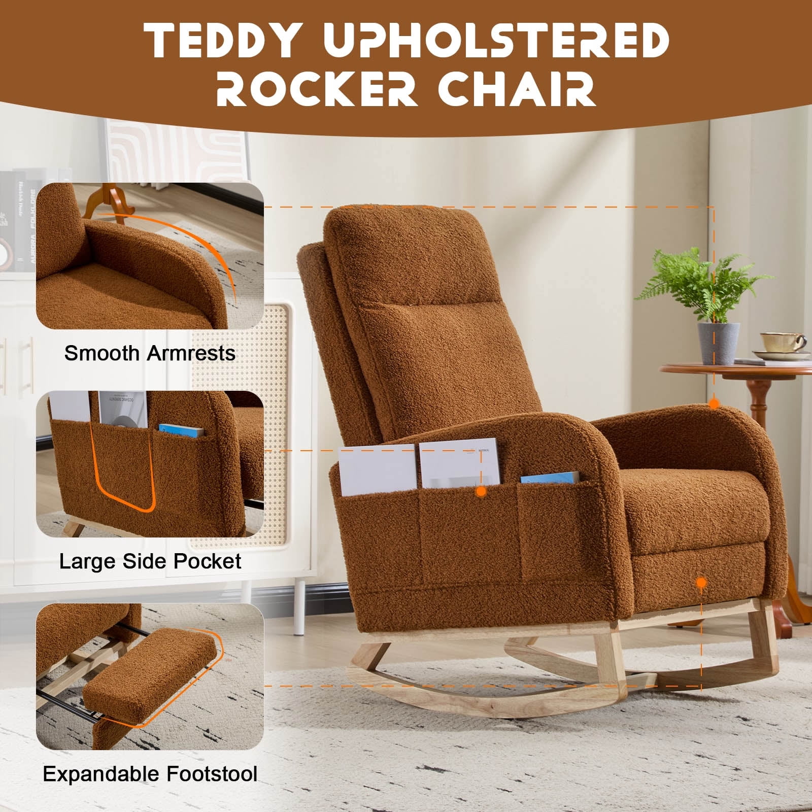 Brookwell Cozy Reclining Rocking Chair – Ergonomic Upholstered Glider with Pocket Storage, Adjustable Backrest, and Wooden Base for Living Room, Bedroom, Nursery