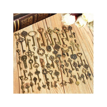 Old Lady Figurine - 70Pcs Antique Vintage Old Key Charms Look Bronze Skeleton Keys Fancy Heart Bow Pendant Set