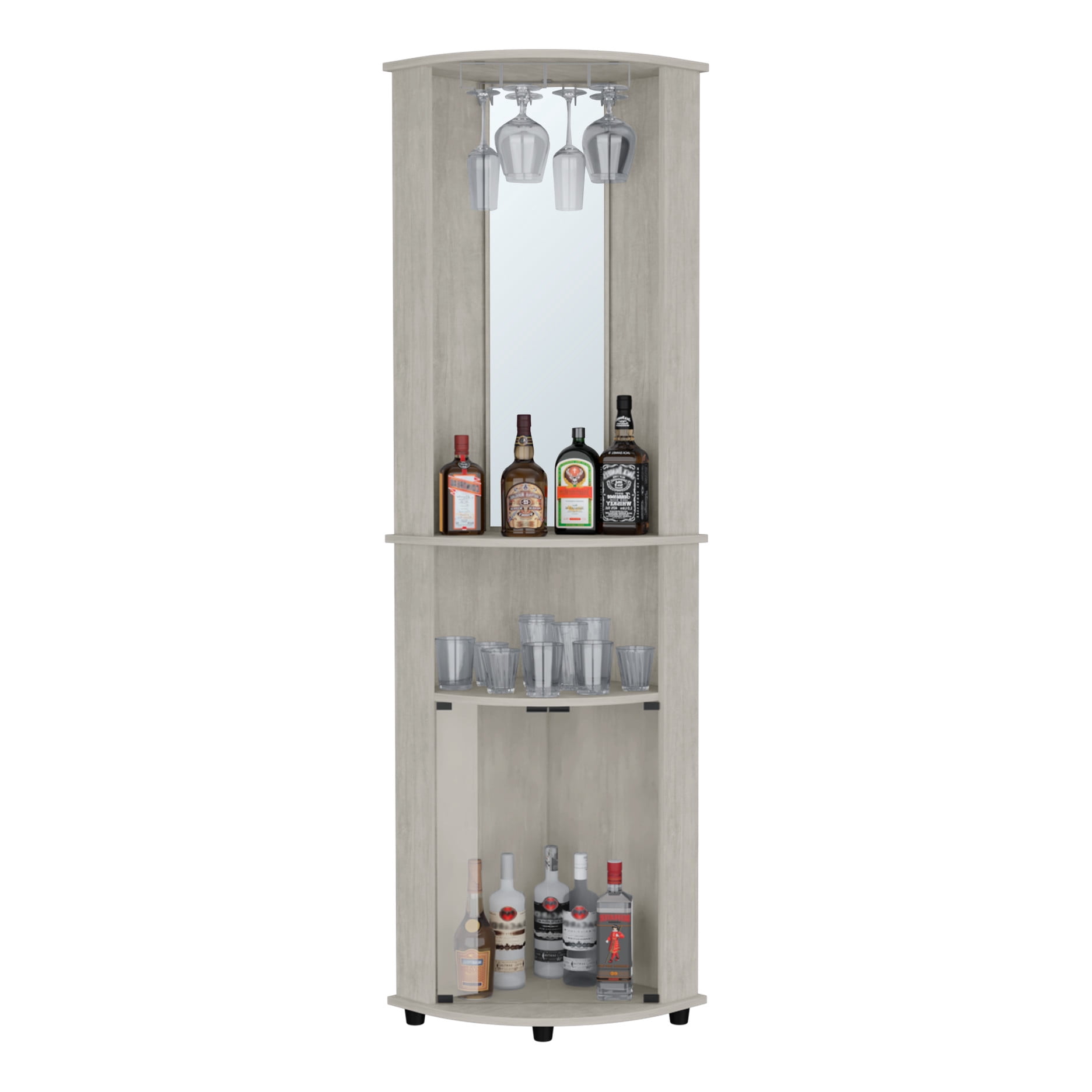 Living Room Corner Bar Cabinet In Concrete Gray, 3 Shelf Space Saving Advantage, Assembly Required Space Shelves, Needed