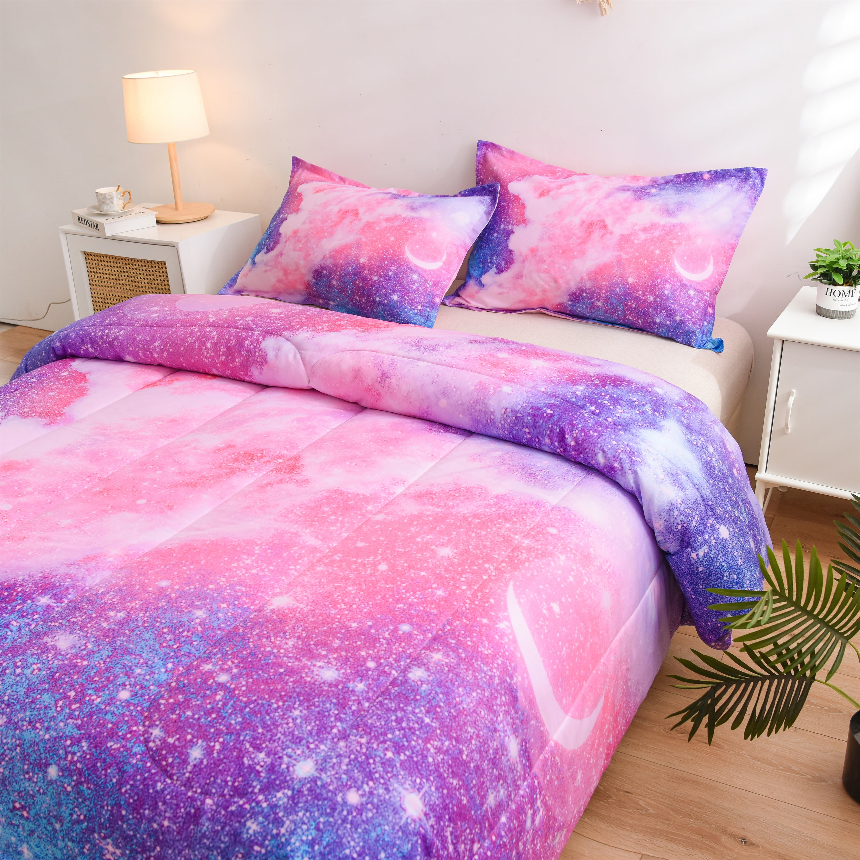 NTBED Galaxy Bedding Sets Outer Space Comforter Space Quilt Set Twin Size Glitter Pink for Children Boy Girl Teen Kids